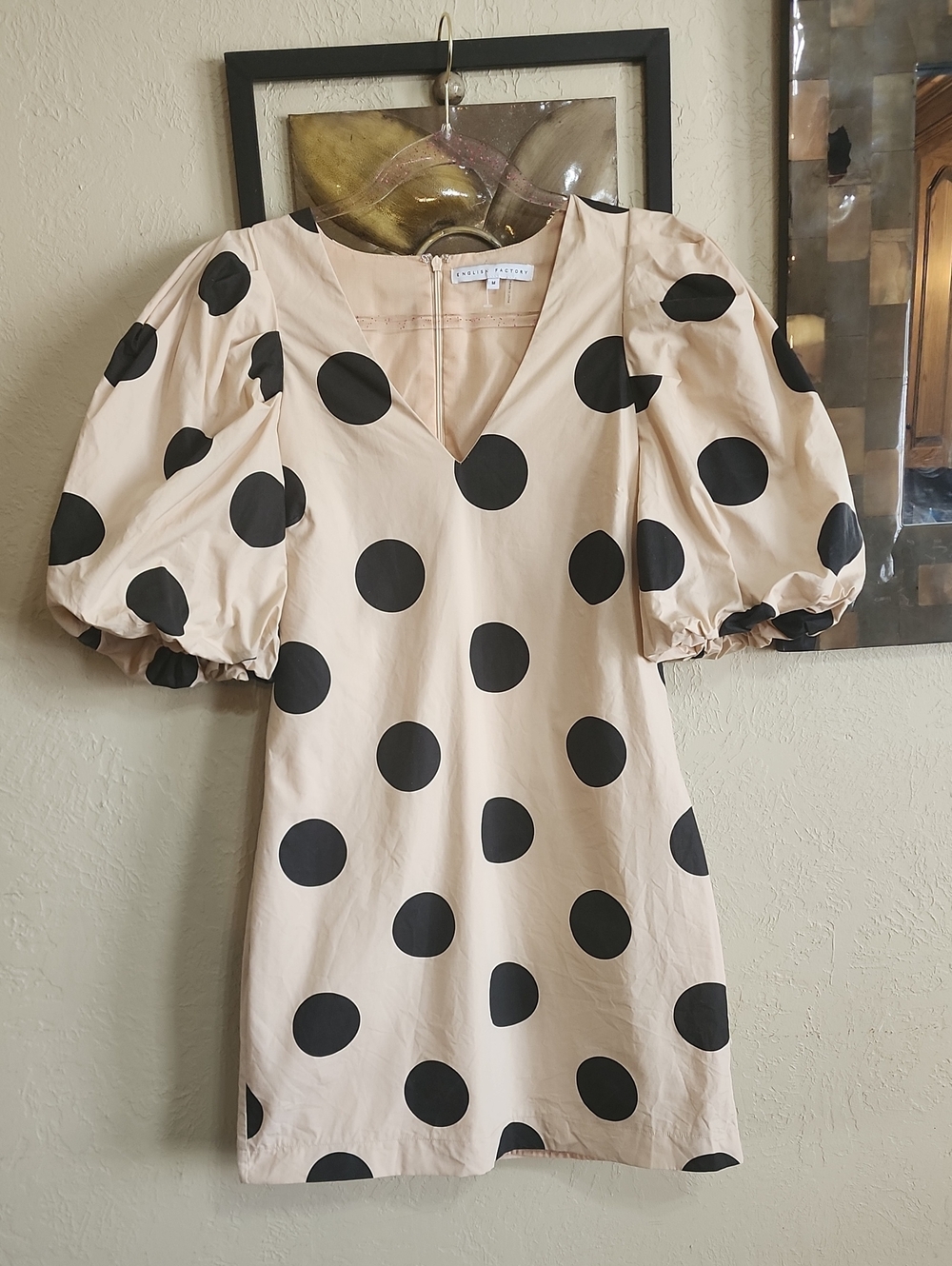 English Factory Beige Mini Dress with Black Polka Dots